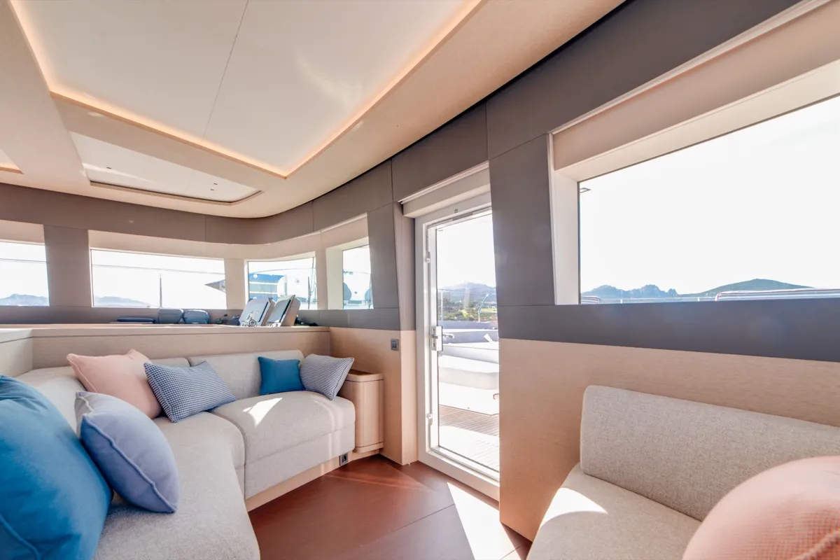 Salon of Zenit, a Lagoon Seventy 8 catamaran at Olbia, Italy