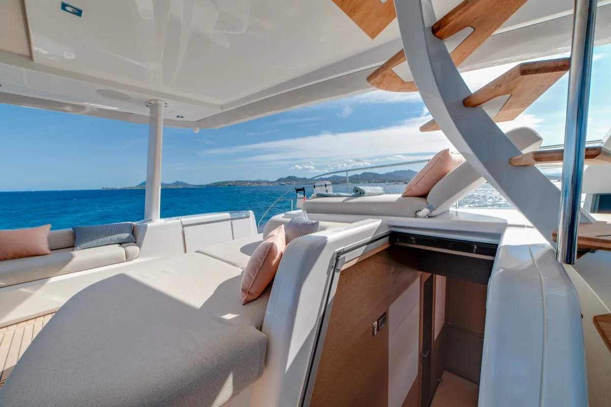 Deck of Zenit, a Lagoon Seventy 8 catamaran at Olbia, Italy