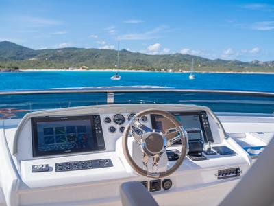 Cockpit of Zenit, a Lagoon Seventy 8 catamaran at Olbia, Italy
