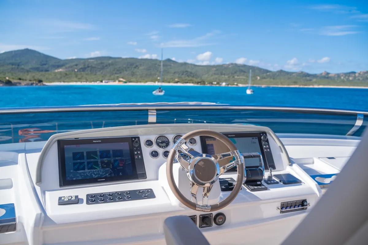 Cockpit of Zenit, a Lagoon Seventy 8 catamaran at Olbia, Italy