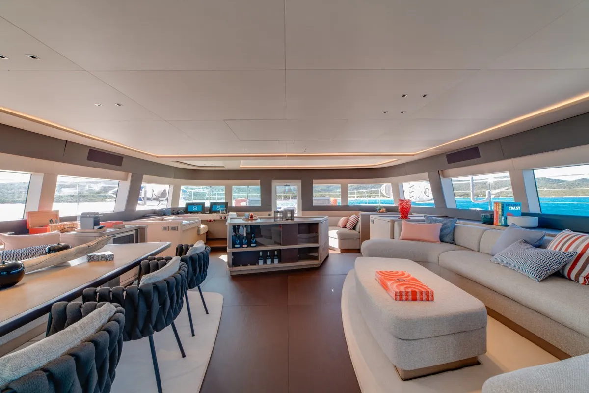 Salon of Zenit, a Lagoon Seventy 8 catamaran at Olbia, Italy