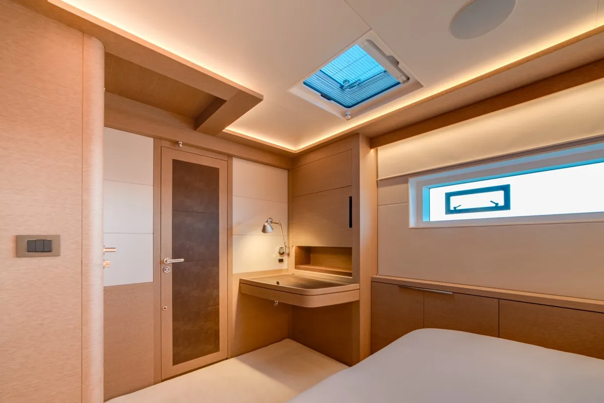 Cabin on Zenit, a Lagoon Seventy 8 catamaran at Olbia, Italy