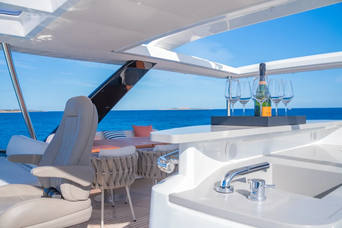 Deck of Zenit, a Lagoon Seventy 8 catamaran at Olbia, Italy