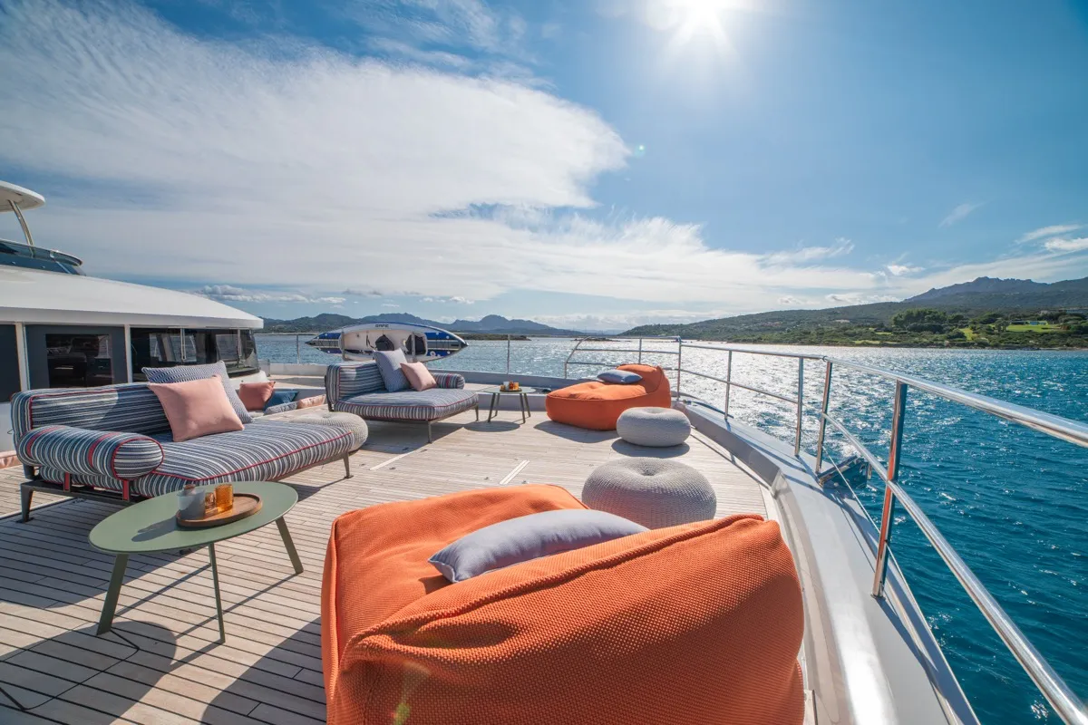 Deck of Zenit, a Lagoon Seventy 8 catamaran at Olbia, Italy