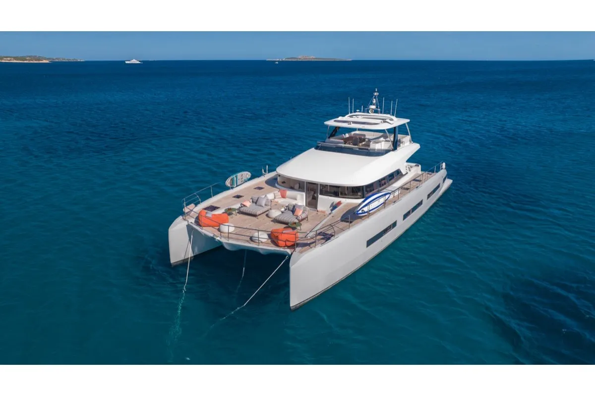 Exterior view of Zenit, a Lagoon Seventy 8 catamaran at Olbia, Italy