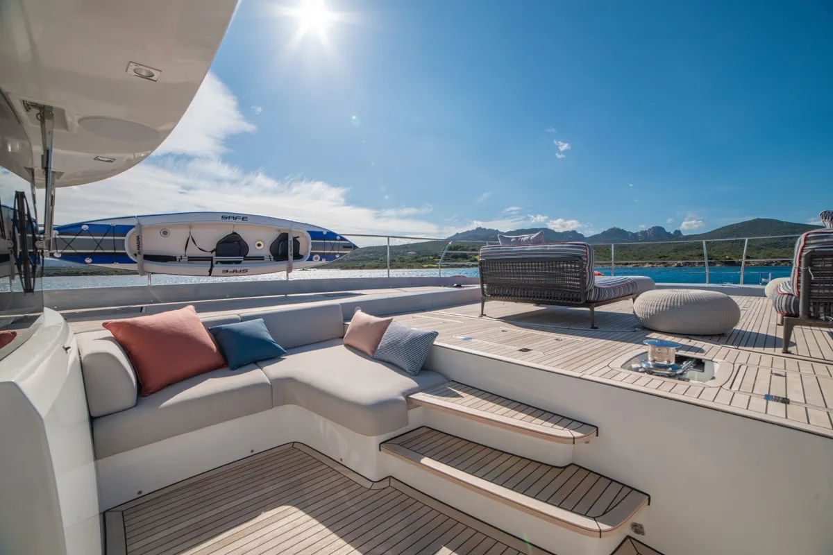 Deck of Zenit, a Lagoon Seventy 8 catamaran at Olbia, Italy