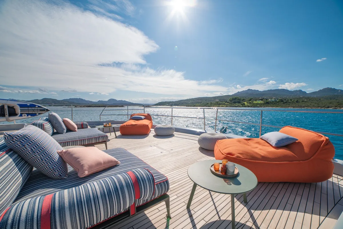 Deck of Zenit, a Lagoon Seventy 8 catamaran at Olbia, Italy