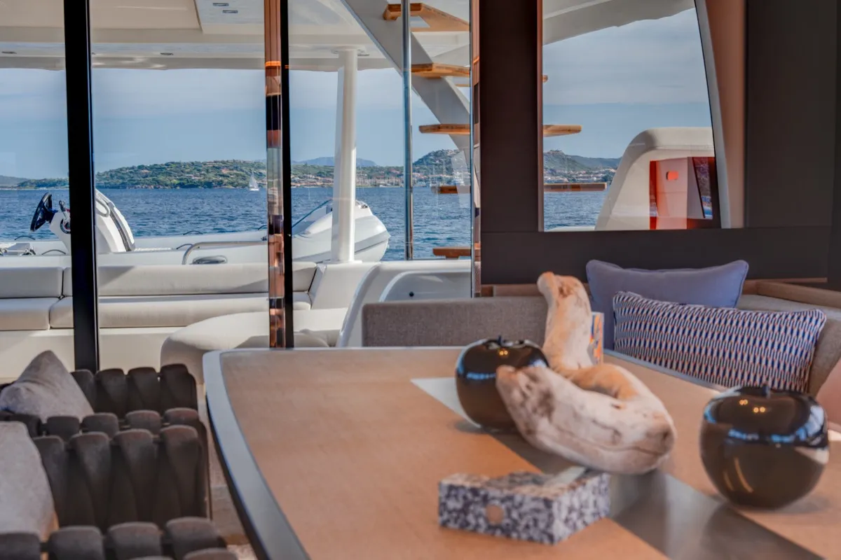 Salon of Zenit, a Lagoon Seventy 8 catamaran at Olbia, Italy