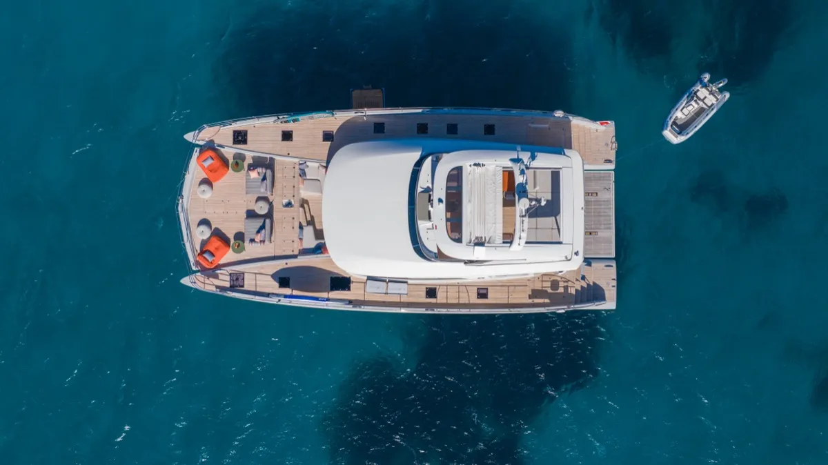 Exterior view of Zenit, a Lagoon Seventy 8 catamaran at Olbia, Italy