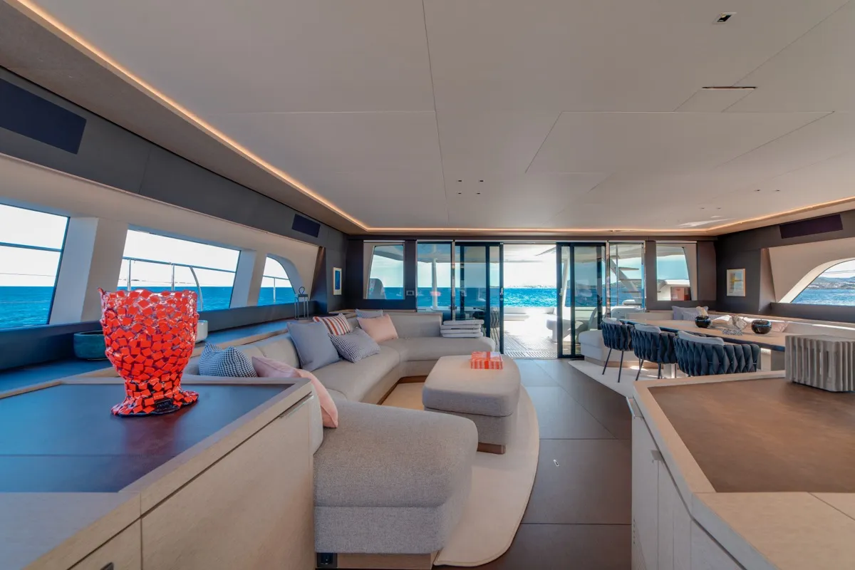 Salon of Zenit, a Lagoon Seventy 8 catamaran at Olbia, Italy