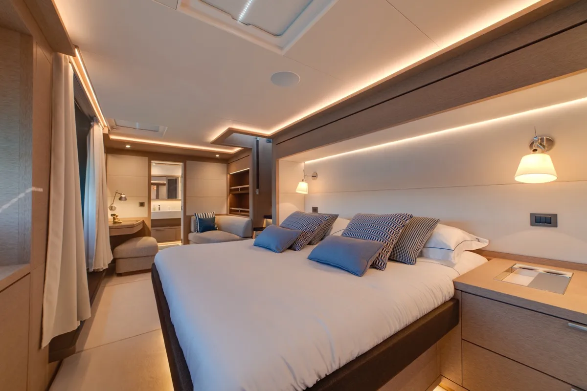 Cabin on Zenit, a Lagoon Seventy 8 catamaran at Olbia, Italy