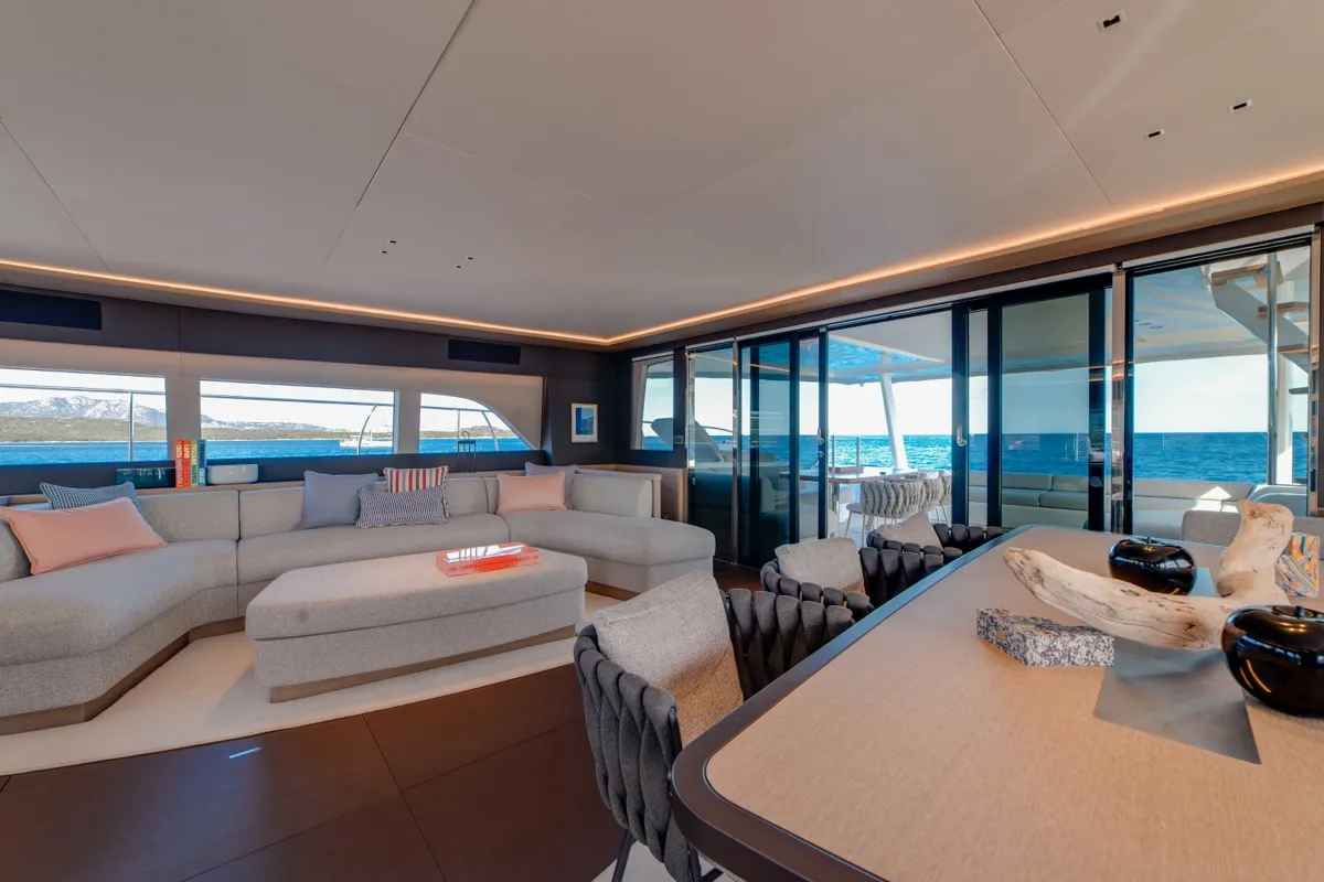 Salon of Zenit, a Lagoon Seventy 8 catamaran at Olbia, Italy