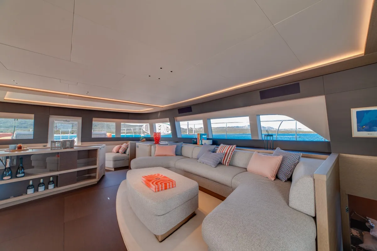 Salon of Zenit, a Lagoon Seventy 8 catamaran at Olbia, Italy