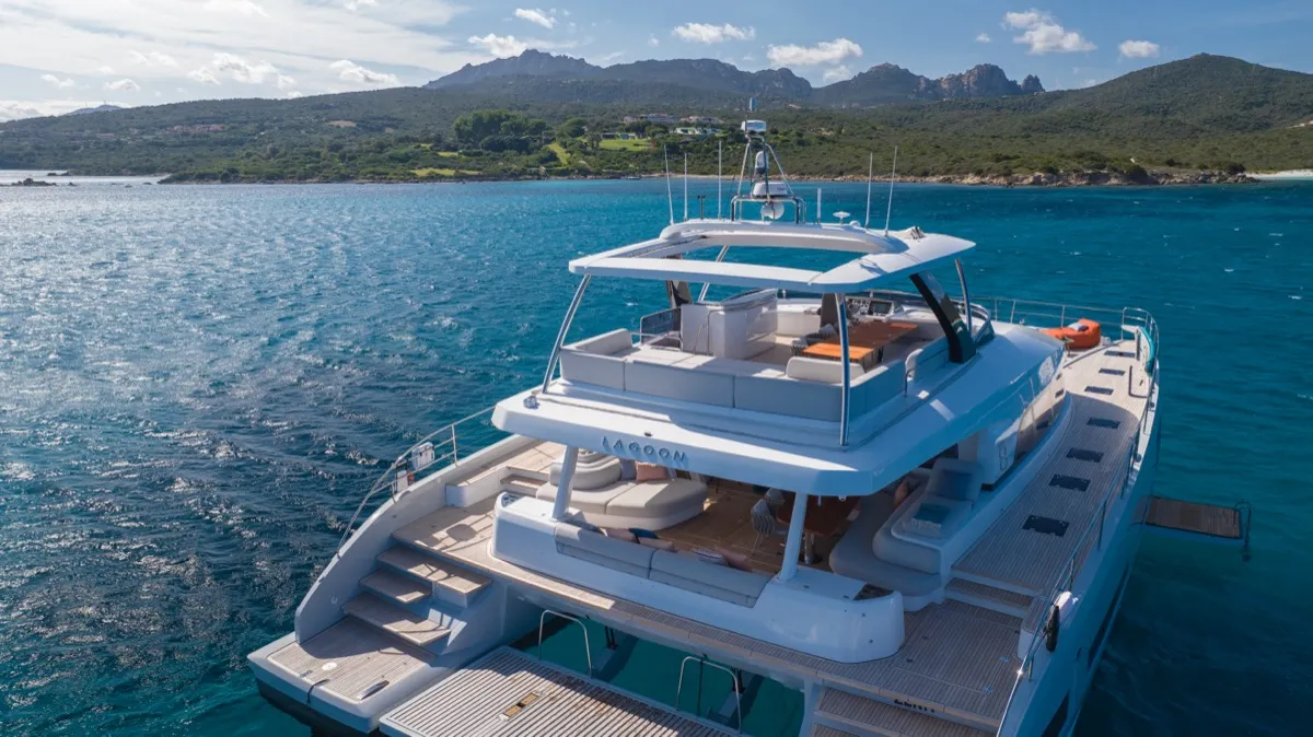 Exterior view of Zenit, a Lagoon Seventy 8 catamaran at Olbia, Italy