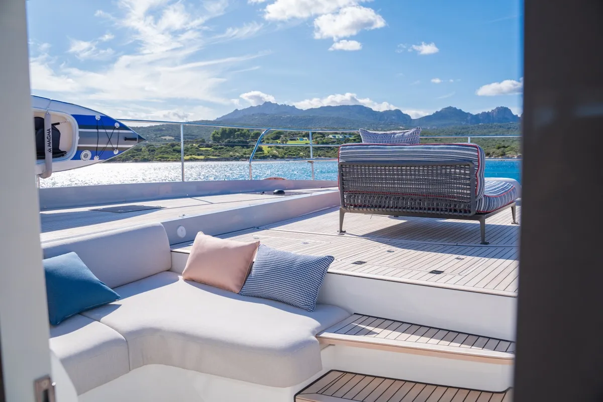 Deck of Zenit, a Lagoon Seventy 8 catamaran at Olbia, Italy