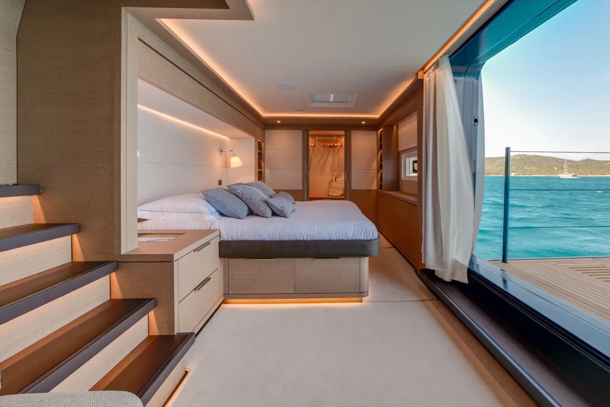 Cabin on Zenit, a Lagoon Seventy 8 catamaran at Olbia, Italy