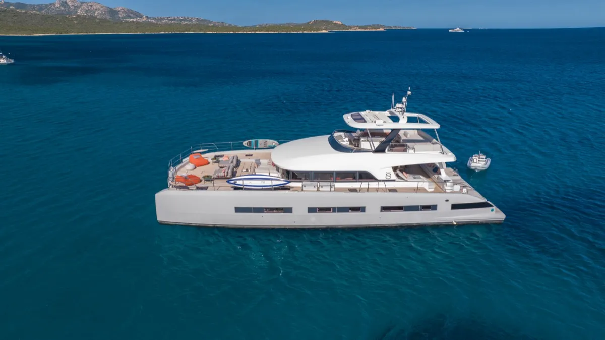 Exterior view of Zenit, a Lagoon Seventy 8 catamaran at Olbia, Italy