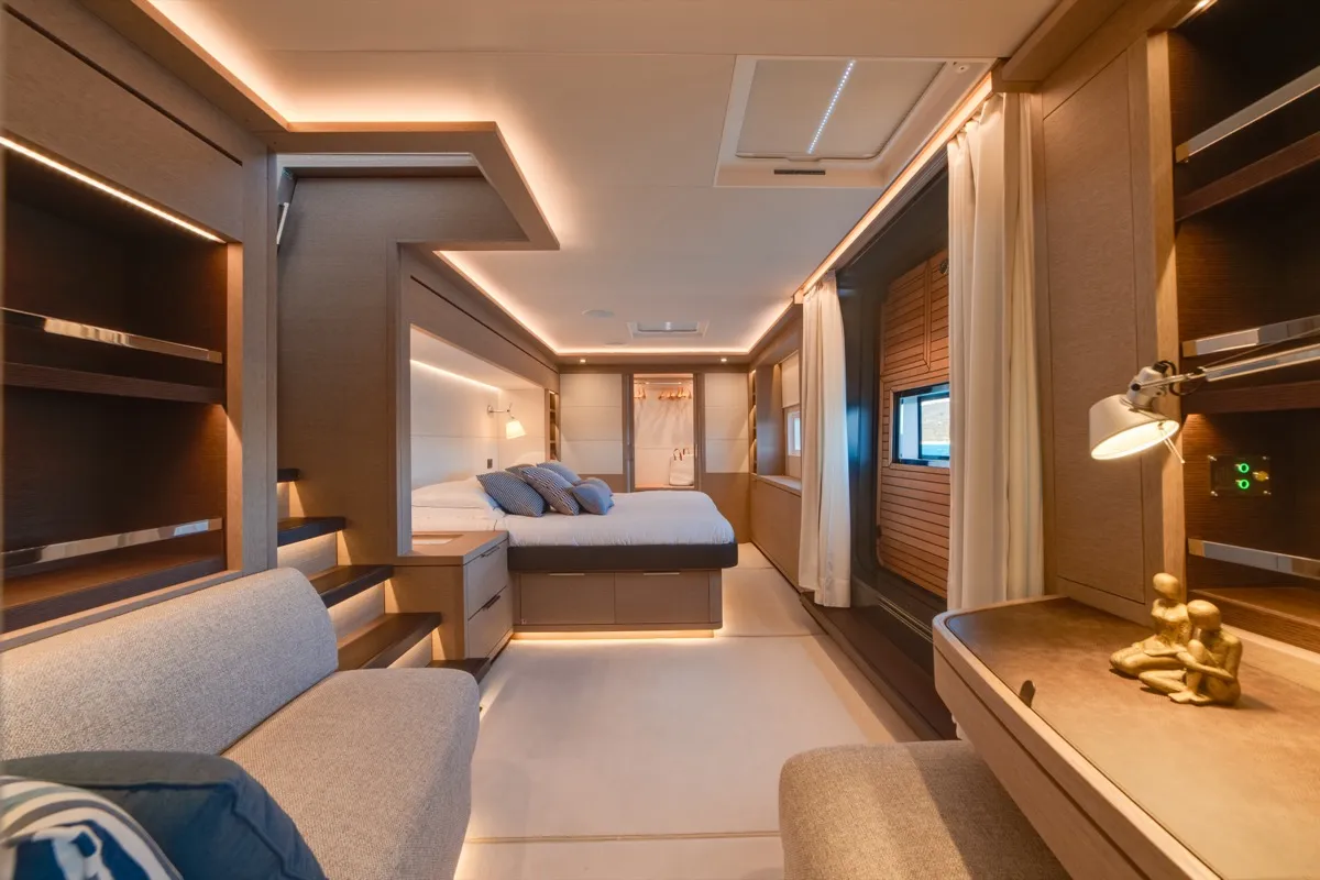 Cabin on Zenit, a Lagoon Seventy 8 catamaran at Olbia, Italy