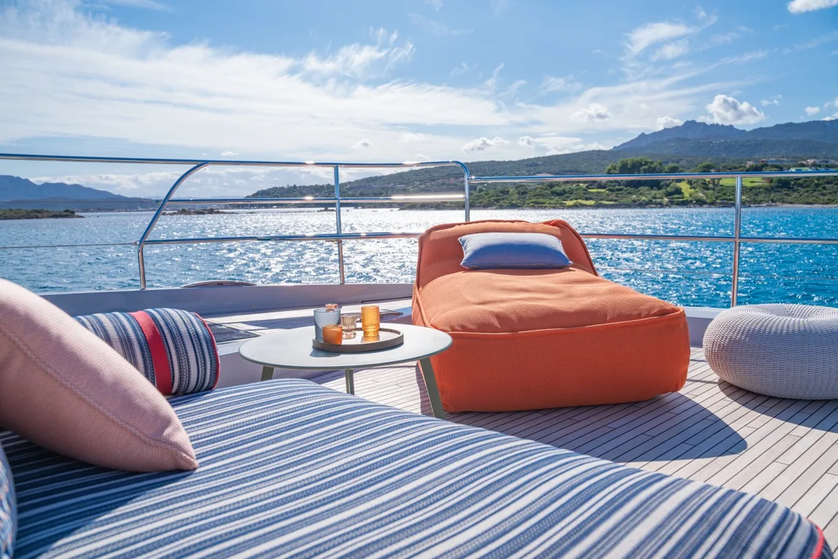 Deck of Zenit, a Lagoon Seventy 8 catamaran at Olbia, Italy
