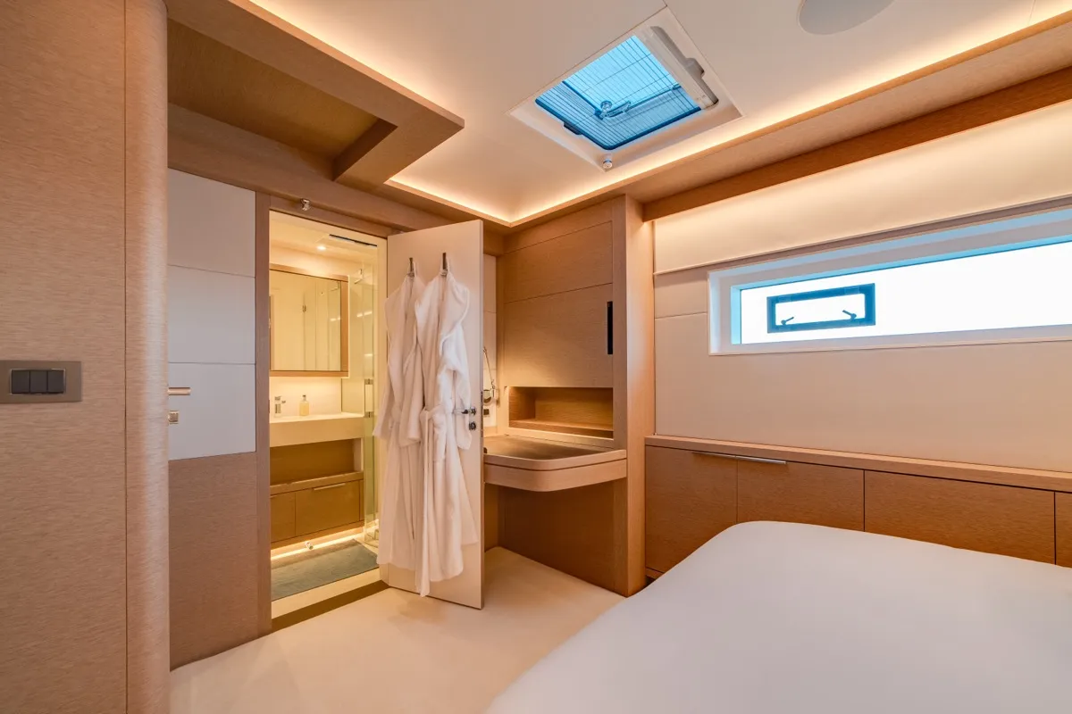 Cabin on Zenit, a Lagoon Seventy 8 catamaran at Olbia, Italy