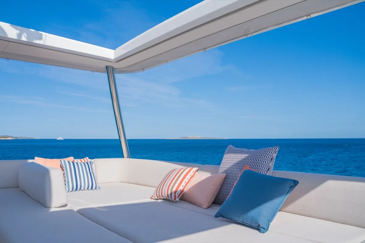 Deck of Zenit, a Lagoon Seventy 8 catamaran at Olbia, Italy