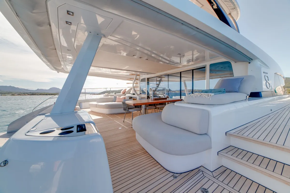 Deck of Zenit, a Lagoon Seventy 8 catamaran at Olbia, Italy