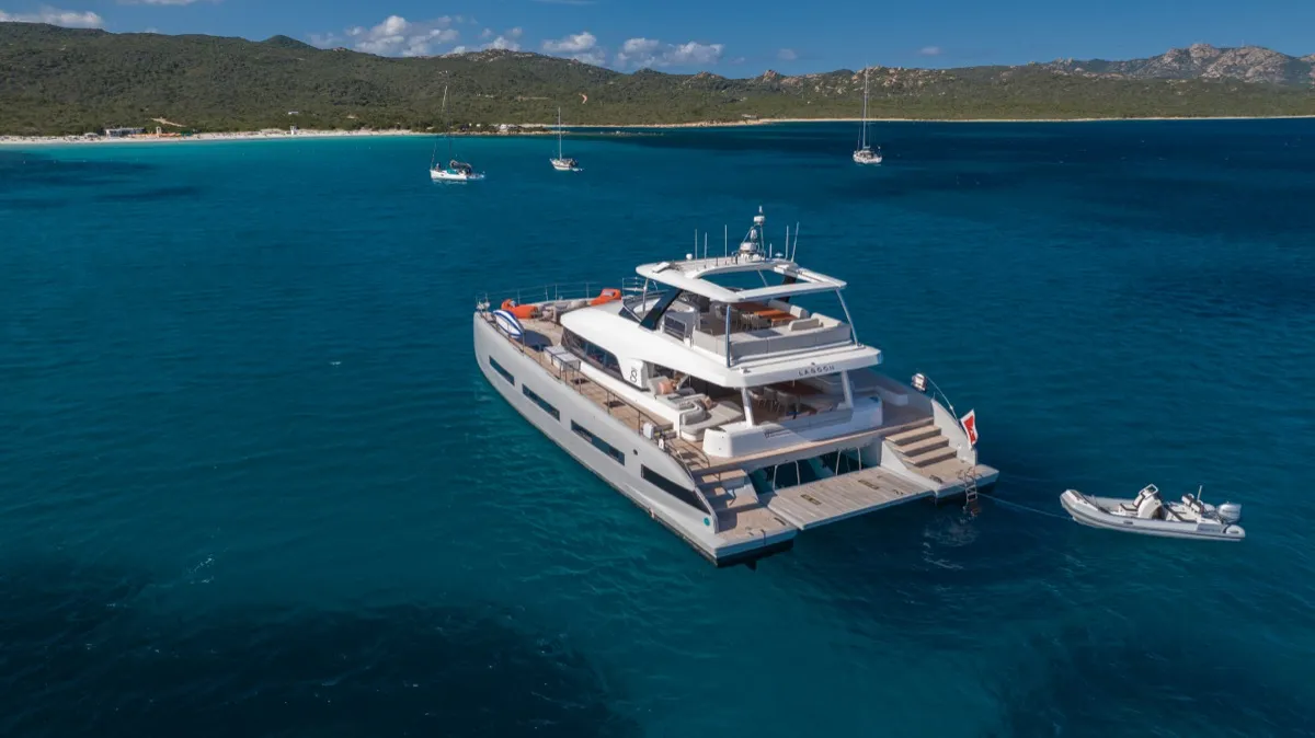 Exterior view of Zenit, a Lagoon Seventy 8 catamaran at Olbia, Italy
