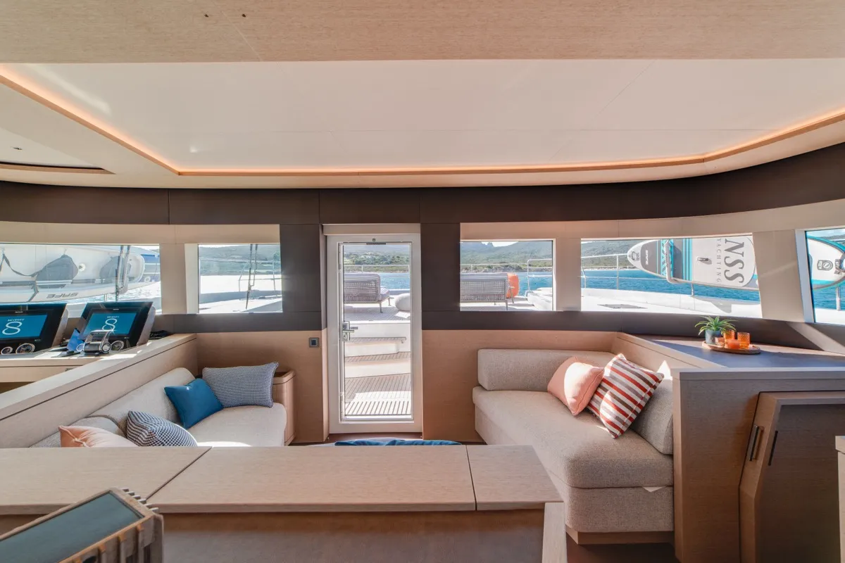 Salon of Zenit, a Lagoon Seventy 8 catamaran at Olbia, Italy