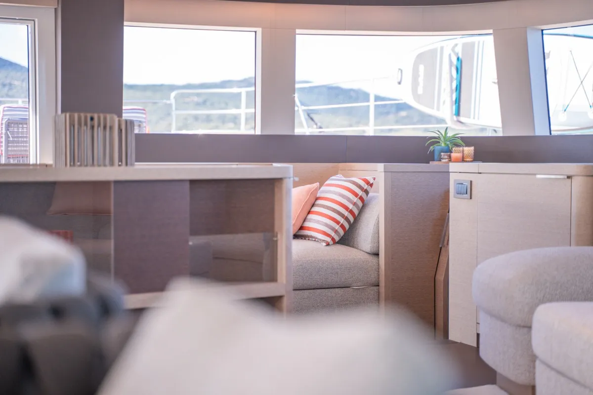 Salon of Zenit, a Lagoon Seventy 8 catamaran at Olbia, Italy