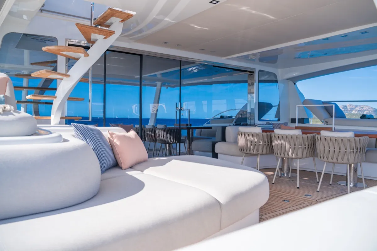 Deck of Zenit, a Lagoon Seventy 8 catamaran at Olbia, Italy