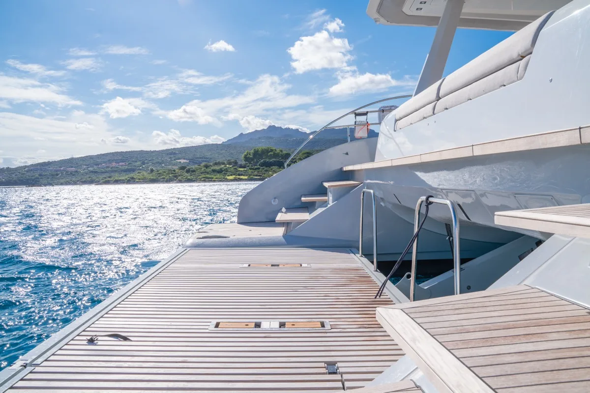 Deck of Zenit, a Lagoon Seventy 8 catamaran at Olbia, Italy