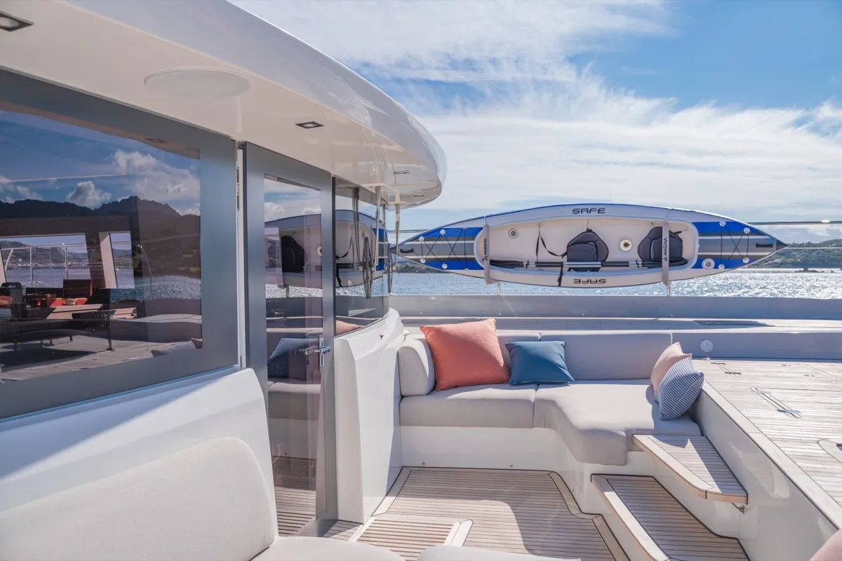 Deck of Zenit, a Lagoon Seventy 8 catamaran at Olbia, Italy
