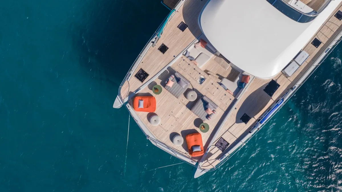 Deck of Zenit, a Lagoon Seventy 8 catamaran at Olbia, Italy