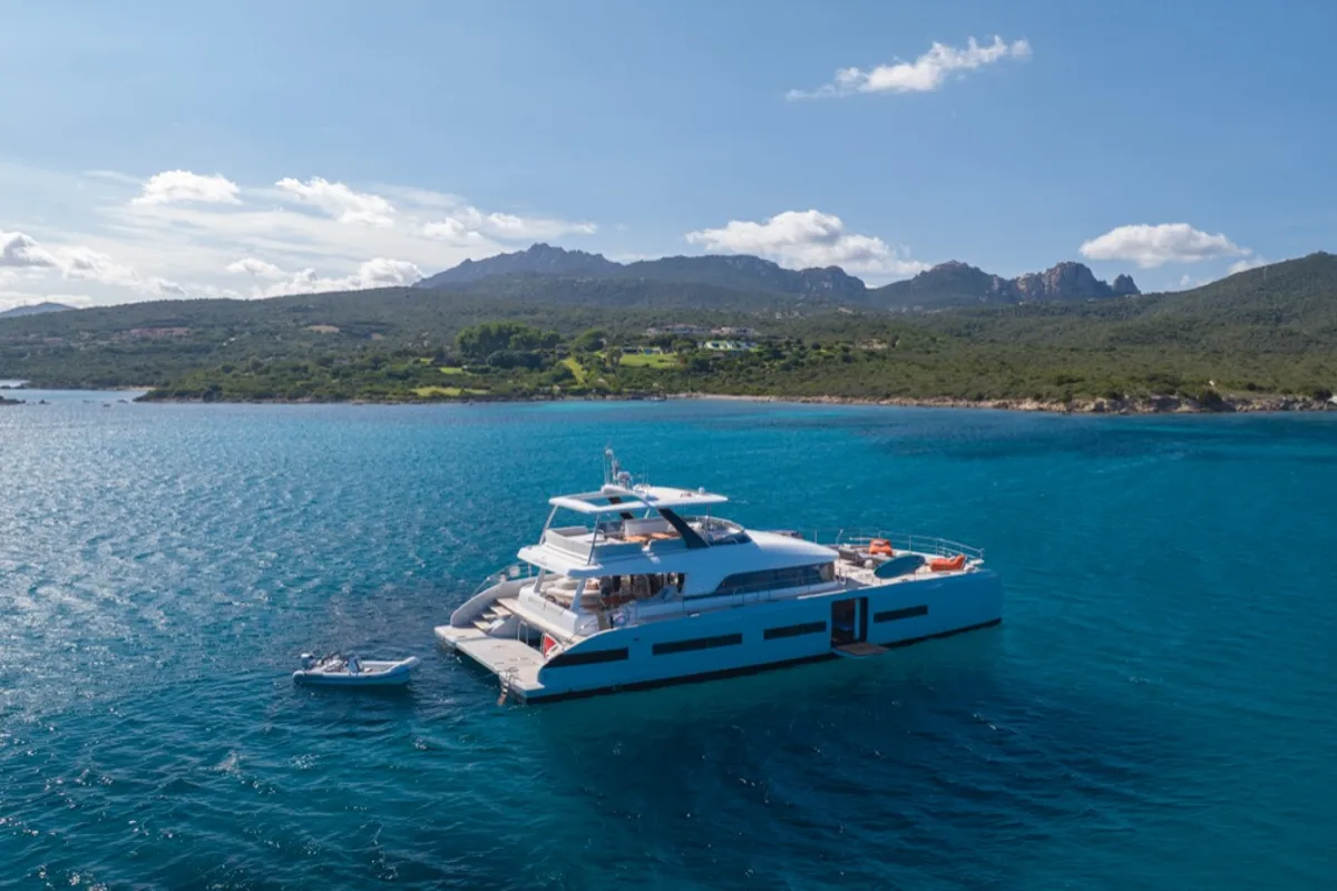 Exterior view of Zenit, a Lagoon Seventy 8 catamaran at Olbia, Italy