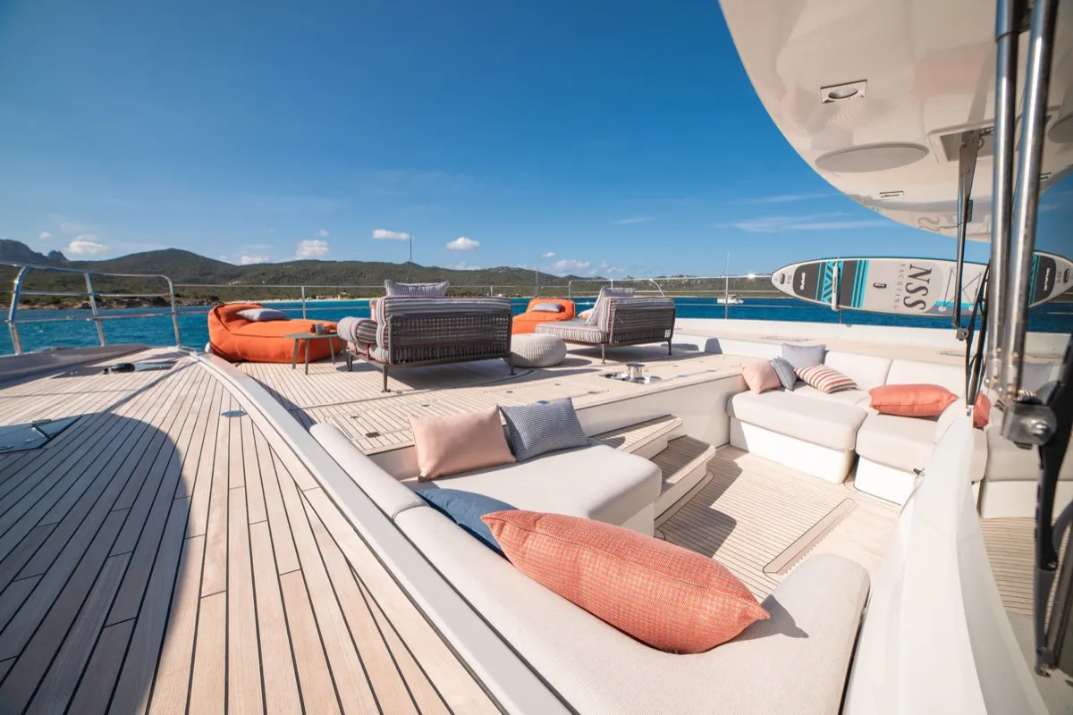Deck of Zenit, a Lagoon Seventy 8 catamaran at Olbia, Italy