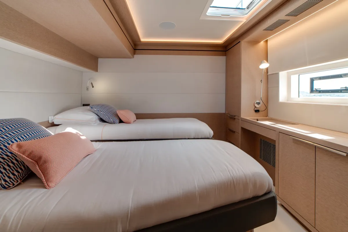 Cabin on Zenit, a Lagoon Seventy 8 catamaran at Olbia, Italy