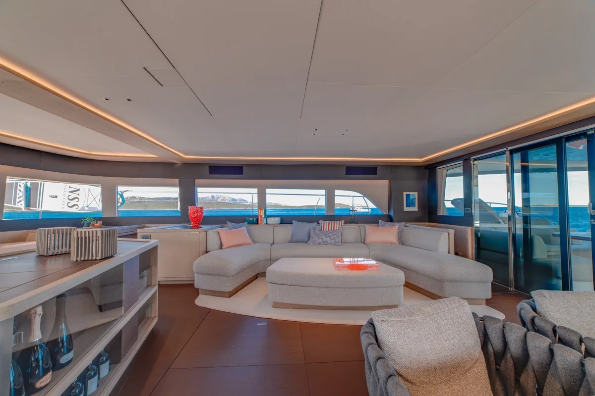 Salon of Zenit, a Lagoon Seventy 8 catamaran at Olbia, Italy