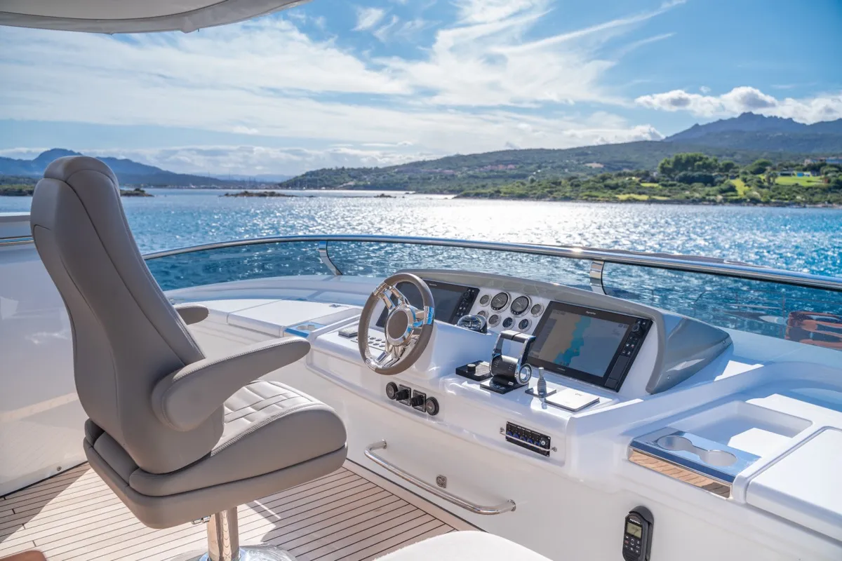 Cockpit of Zenit, a Lagoon Seventy 8 catamaran at Olbia, Italy