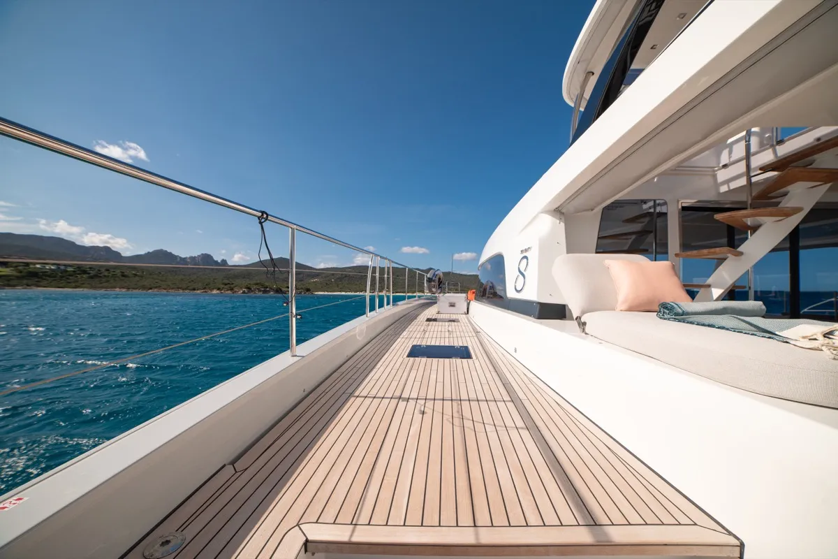 Deck of Zenit, a Lagoon Seventy 8 catamaran at Olbia, Italy