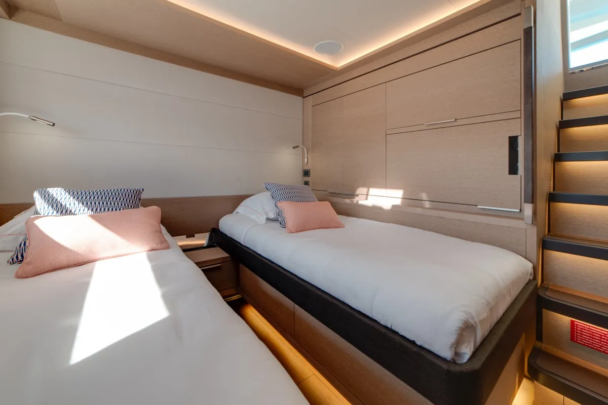 Cabin on Zenit, a Lagoon Seventy 8 catamaran at Olbia, Italy