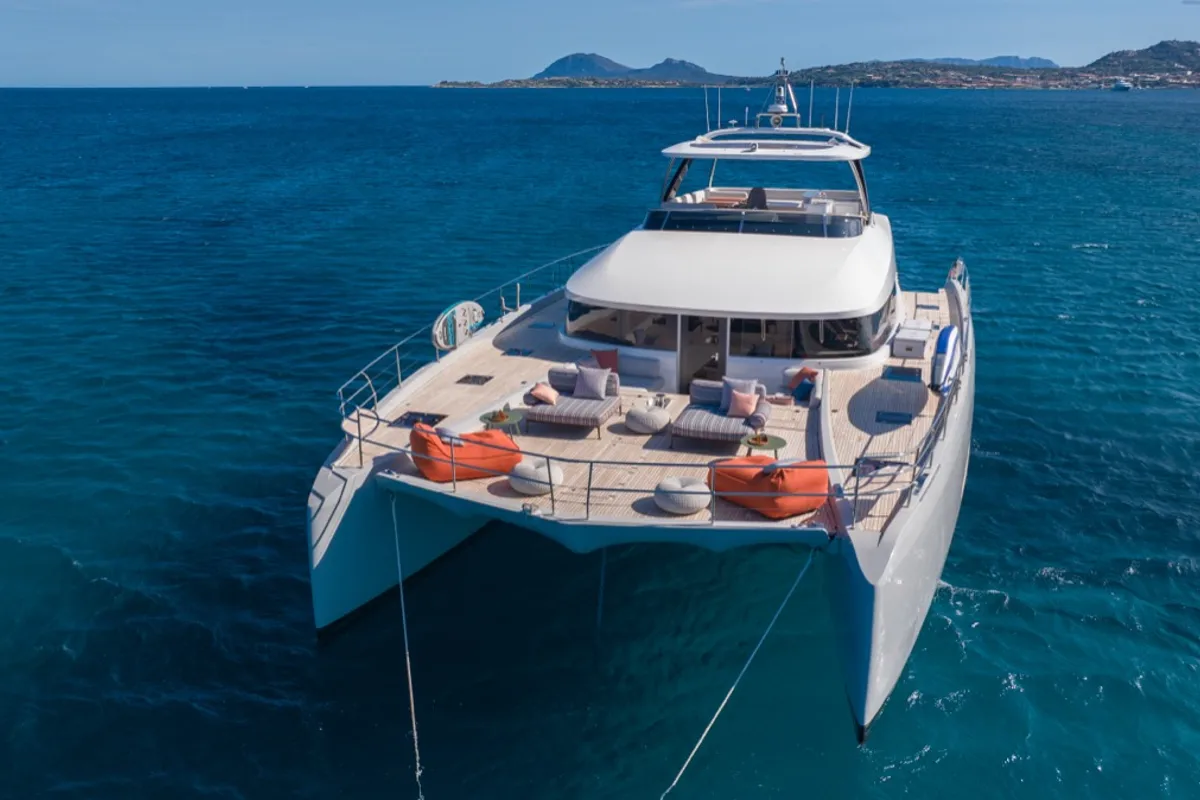 Exterior view of Zenit, a Lagoon Seventy 8 catamaran at Olbia, Italy