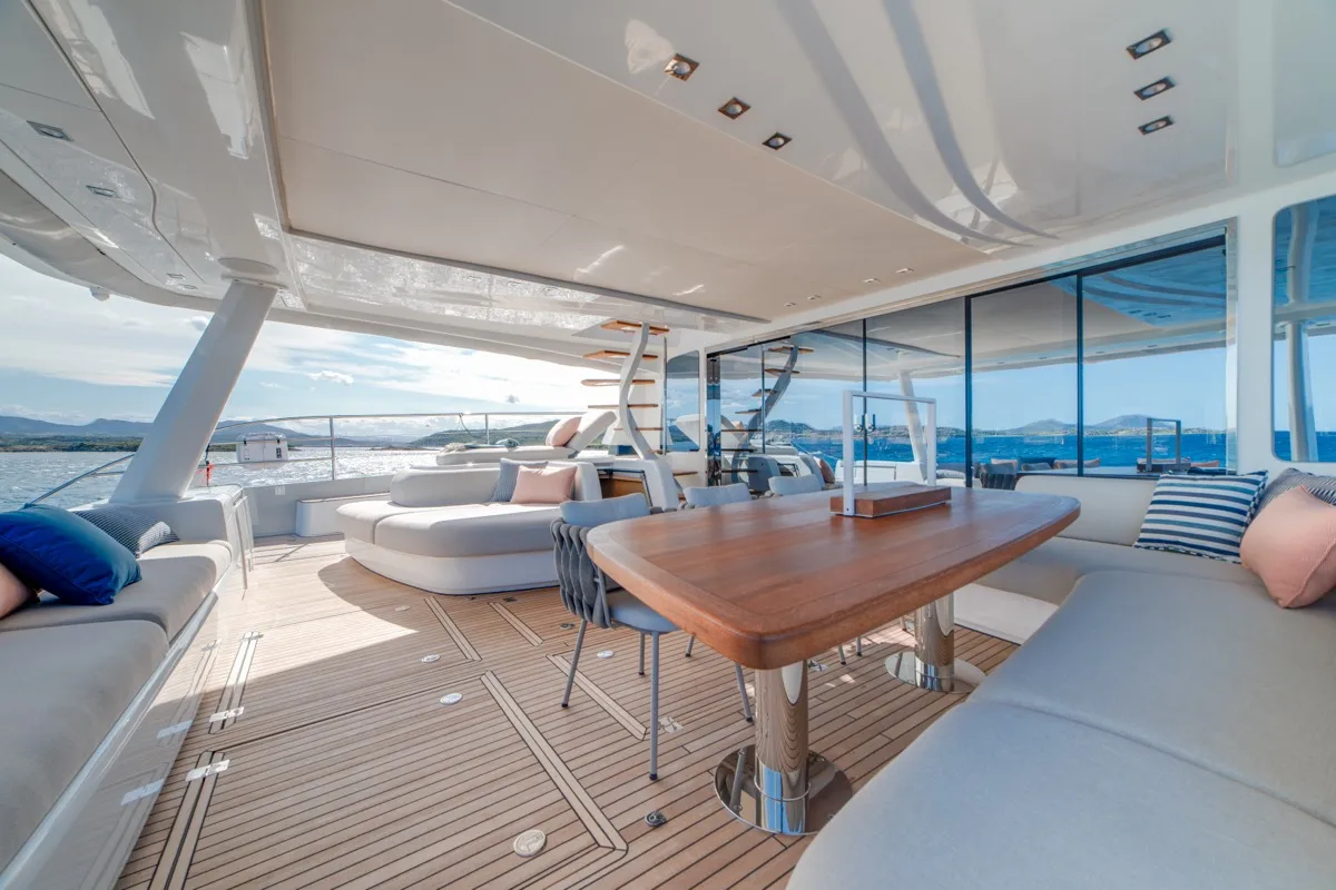 Deck of Zenit, a Lagoon Seventy 8 catamaran at Olbia, Italy