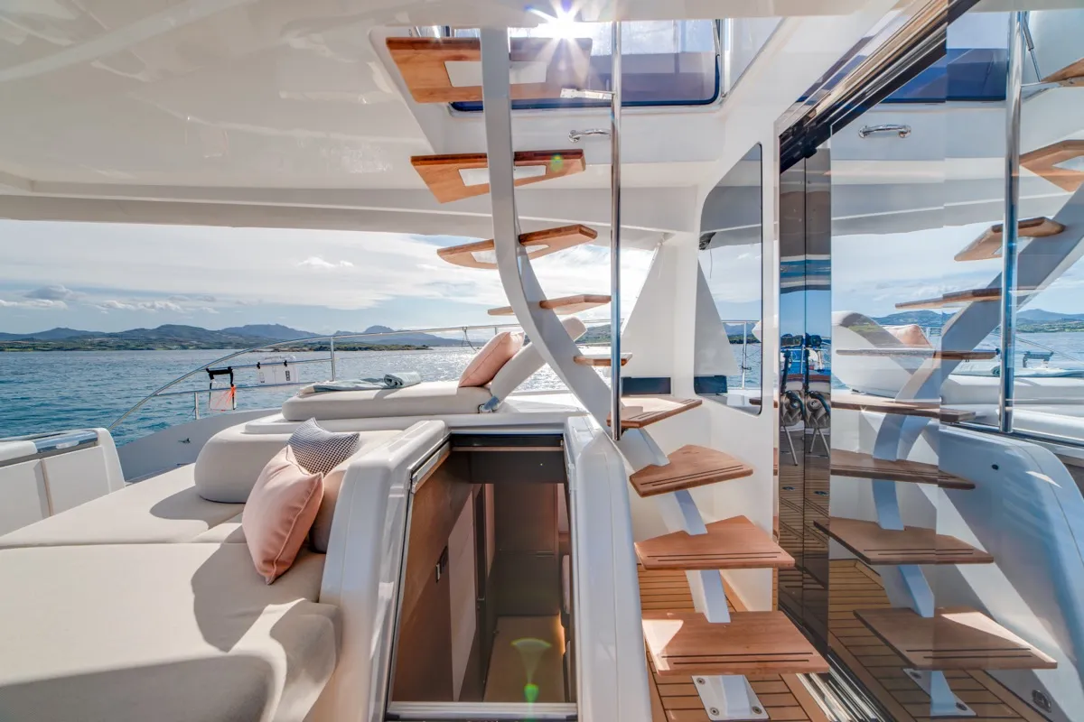 Deck of Zenit, a Lagoon Seventy 8 catamaran at Olbia, Italy