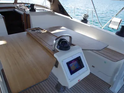 Cockpit of Papaya, a Bavaria 51 Cruiser sailboat at San Miguel de Abona, Spain