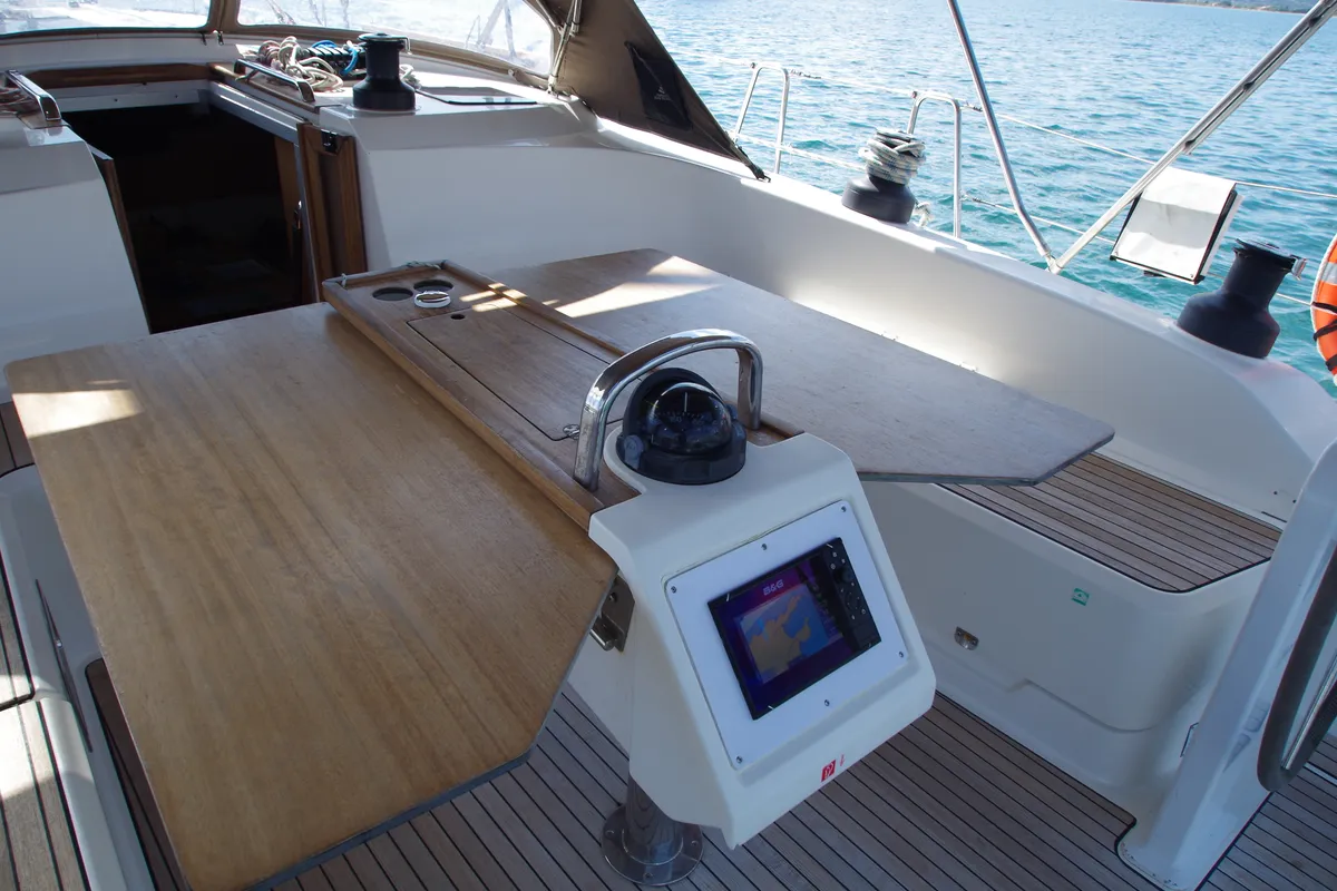 Cockpit of Papaya, a Bavaria 51 Cruiser sailboat at San Miguel de Abona, Spain
