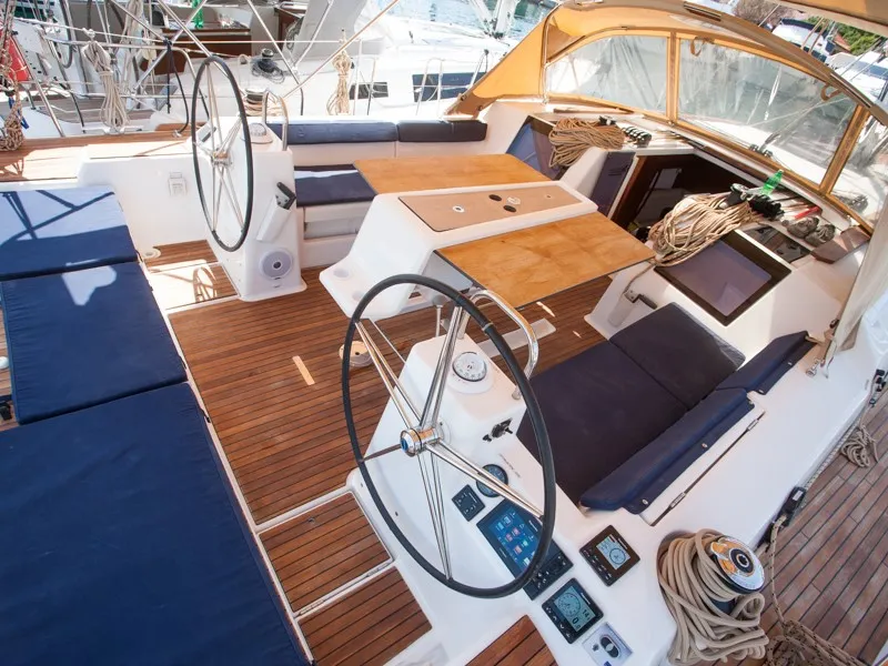 Cockpit of Sulaco, a Dufour 460 GL sailboat at Primošten, Croatia