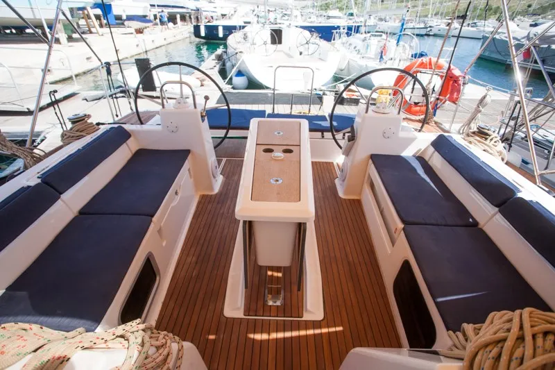 Cockpit of Sulaco, a Dufour 460 GL sailboat at Primošten, Croatia
