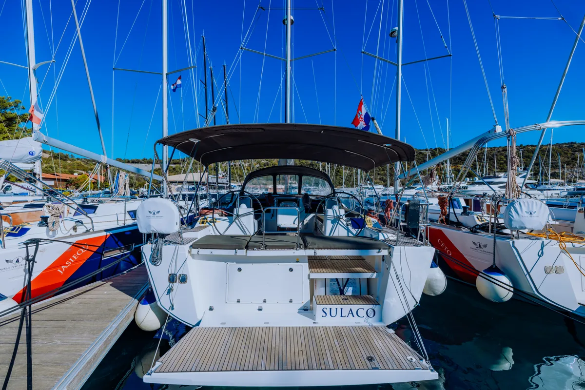 Exterior view of Sulaco, a Dufour 460 GL sailboat at Primošten, Croatia