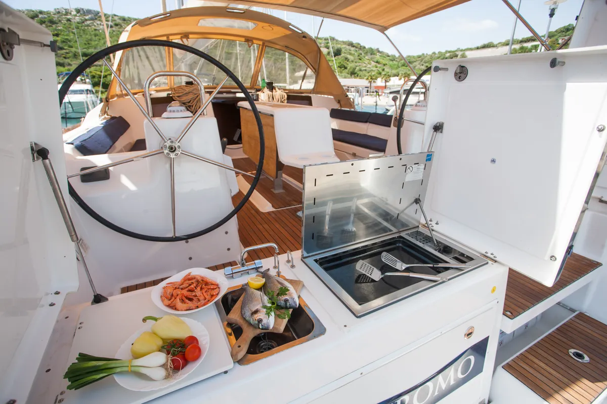Deck of Sulaco, a Dufour 460 GL sailboat at Primošten, Croatia