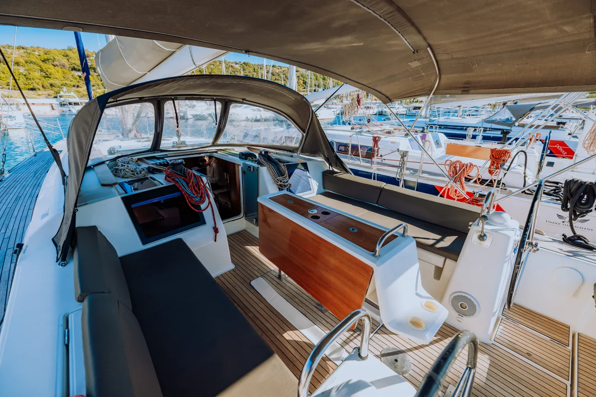 Cockpit of Sulaco, a Dufour 460 GL sailboat at Primošten, Croatia